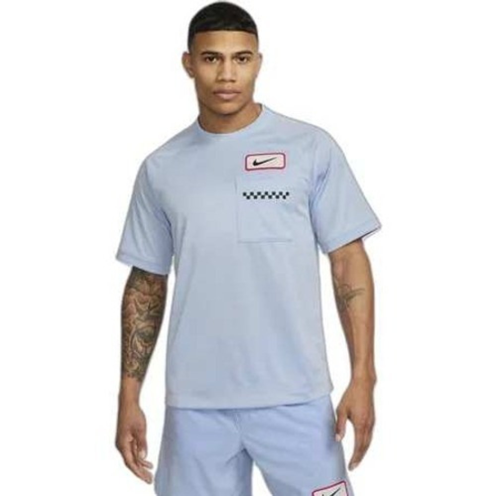 Nike Dri Fit Mens Short Sleeve T Shirt Light Blue Checker Pocket Logo Size Large